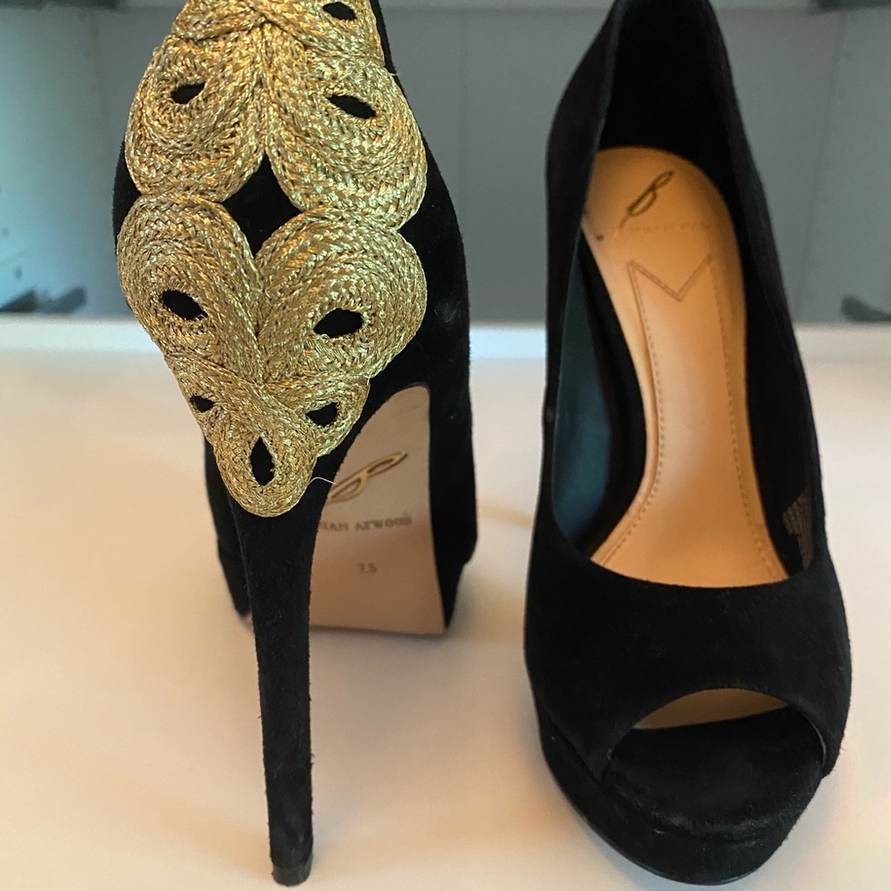 Brian Atwood Black Platform Heel with Gold detail. Size 7.5